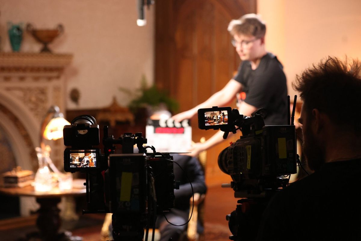 Clapperboard on a period drama set